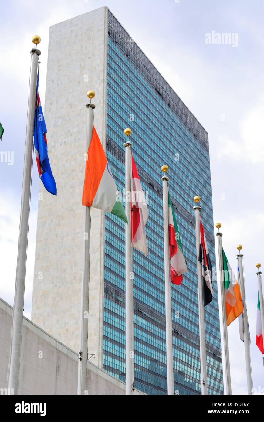 The United Nations building with international flags in New York City. June 17, 2010. Stock Photo