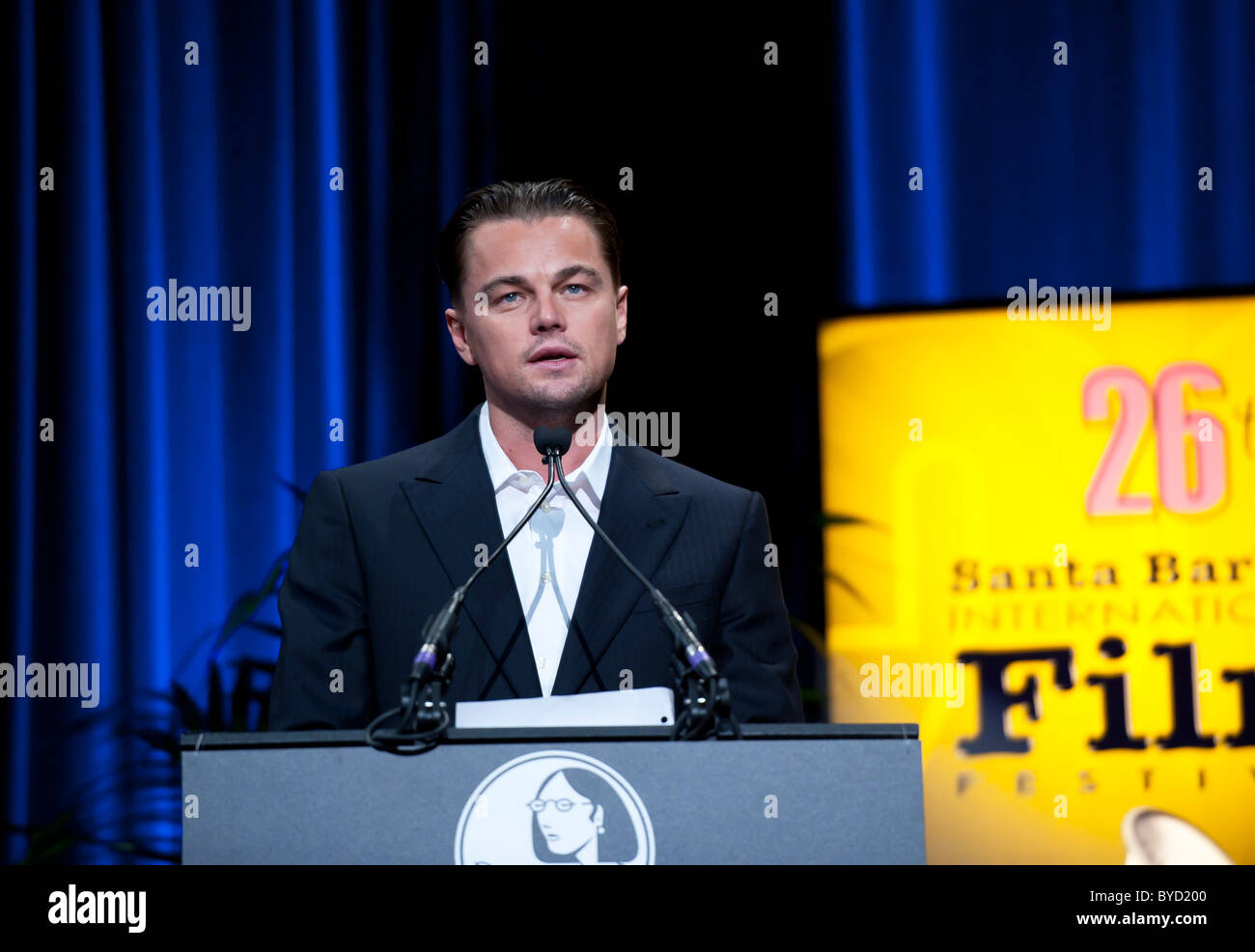 Inception star, Leo Di Caprio, gives tribute to Christopher Nolan at the Santa Barbara film festival Stock Photo