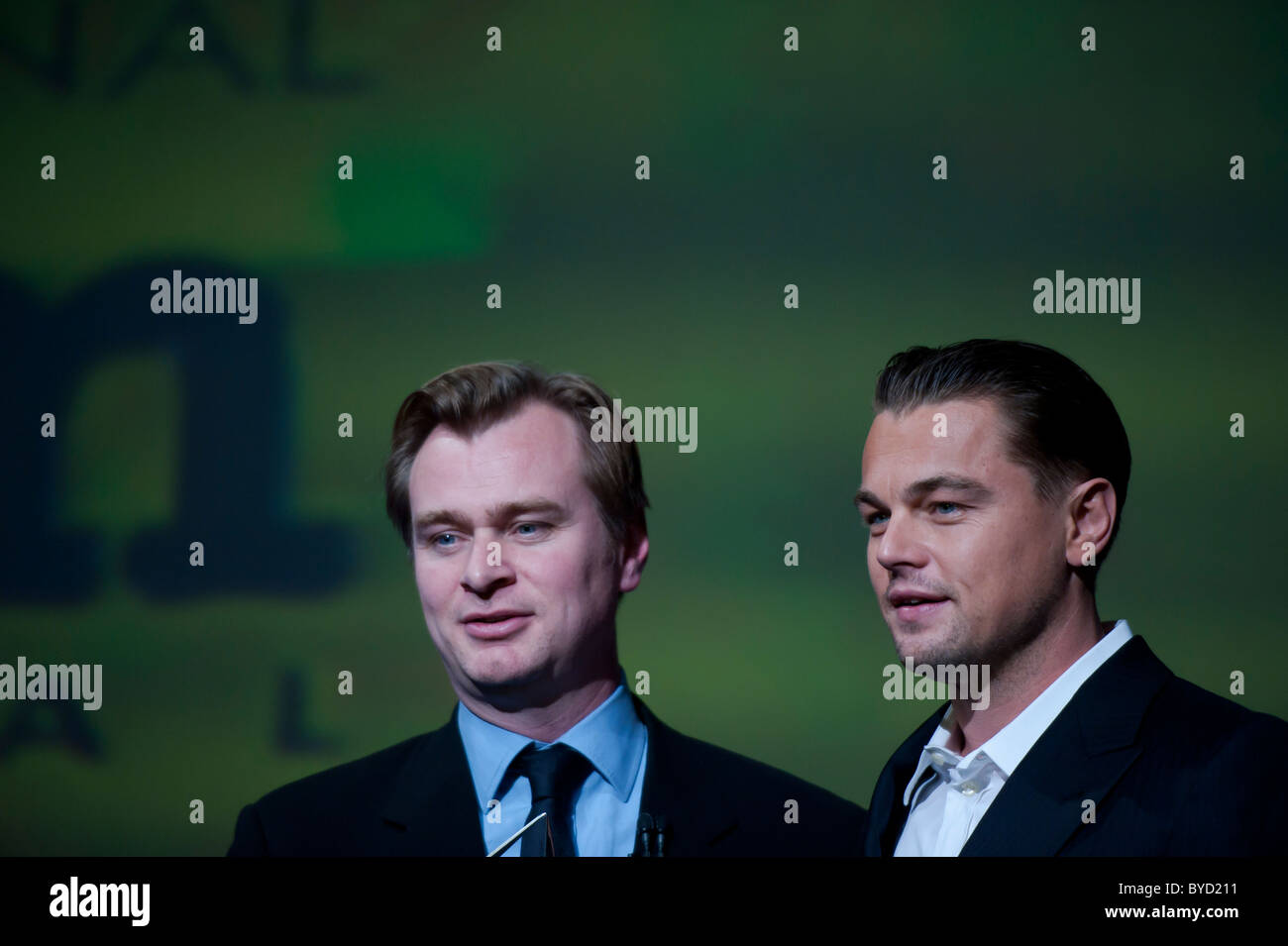 Director Christopher Nolan poses with Inception star, Leo Di Caprio, at the 26th Santa Barbara Int'l Film Festival Stock Photo