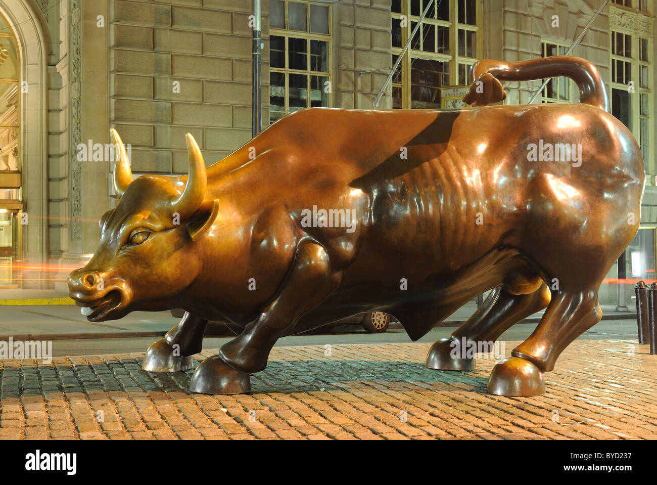 Charging Bull, a landmark statue in Bowling Green in Lower Manhattan. Stock Photo