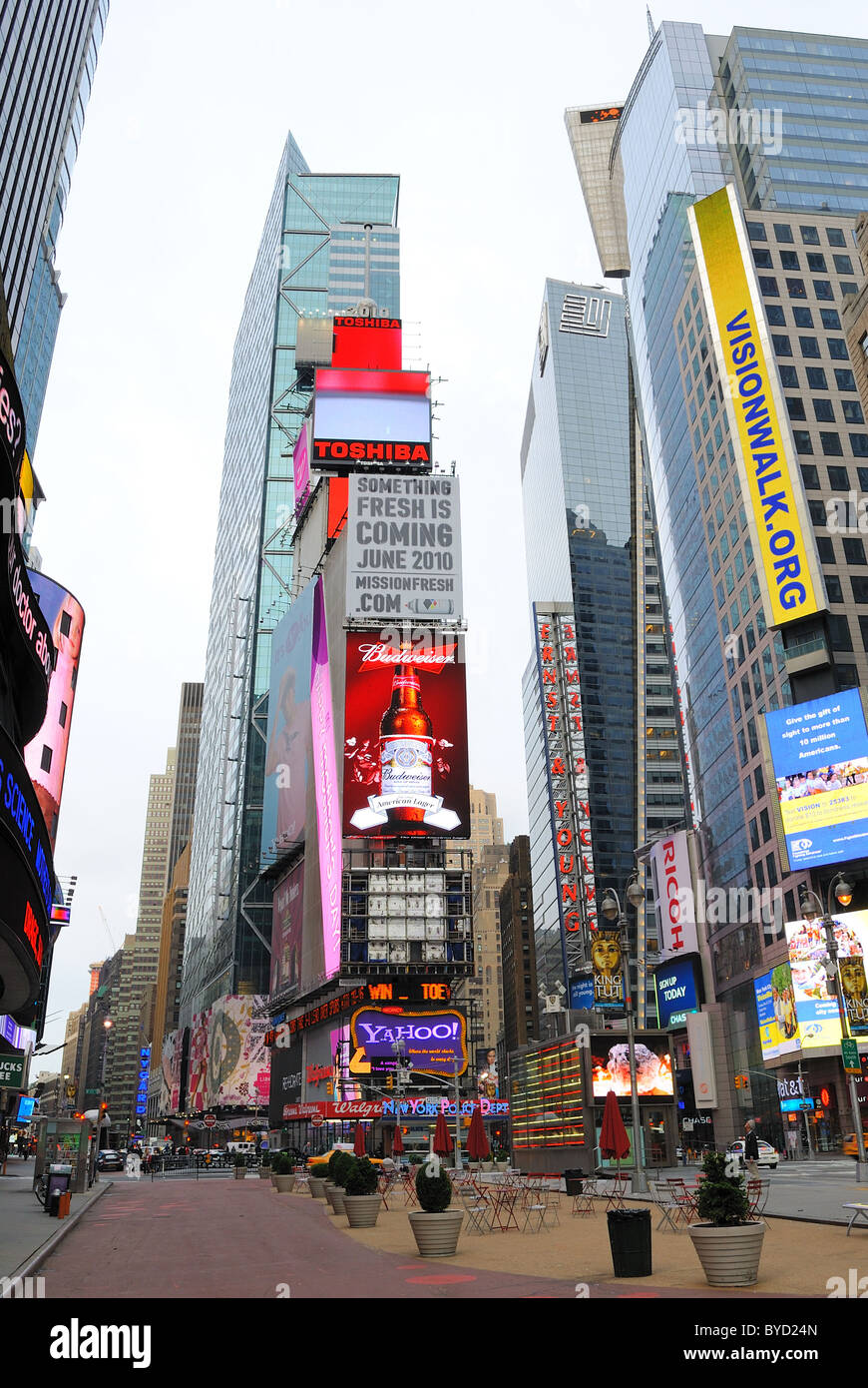 The Historic Times Square in New York City with tall billboards advertising well known brands. Stock Photo