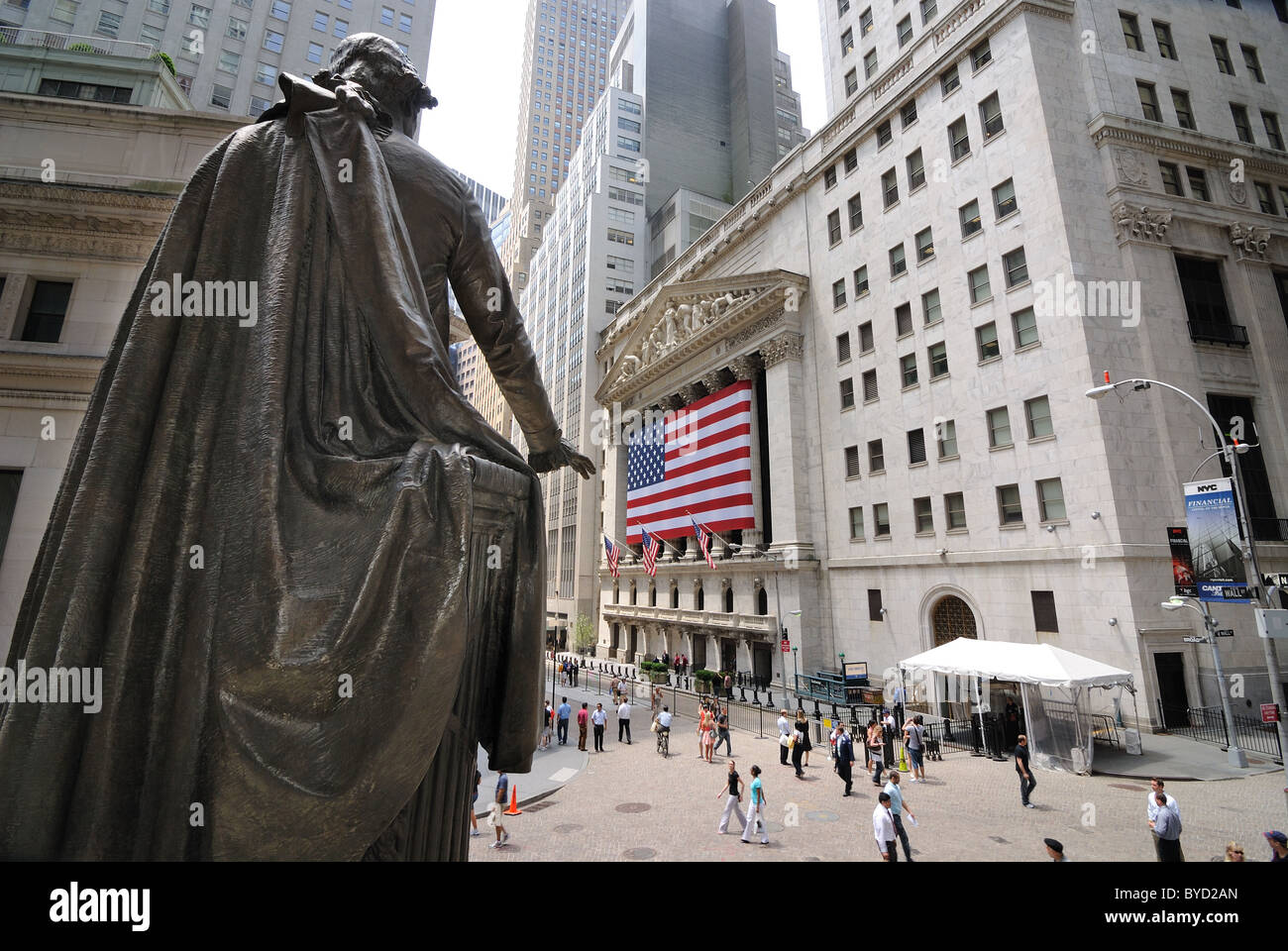 A view from Federal Hall and the Statue of George Washington looking ...