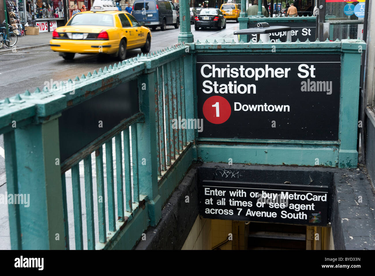 Christopher Street subway station entrance in Greenwich Village, New York City, USA Stock Photo