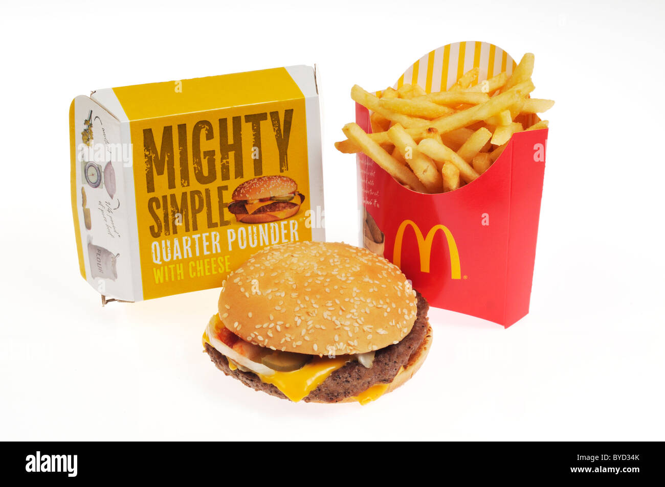 Mcdonald's quarter pounder cheeseburger with container and large french fries on white background cutout. Stock Photo