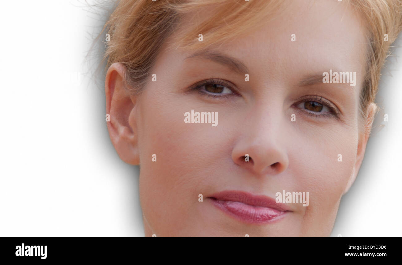 Closeup of woman against white background Stock Photo Alamy