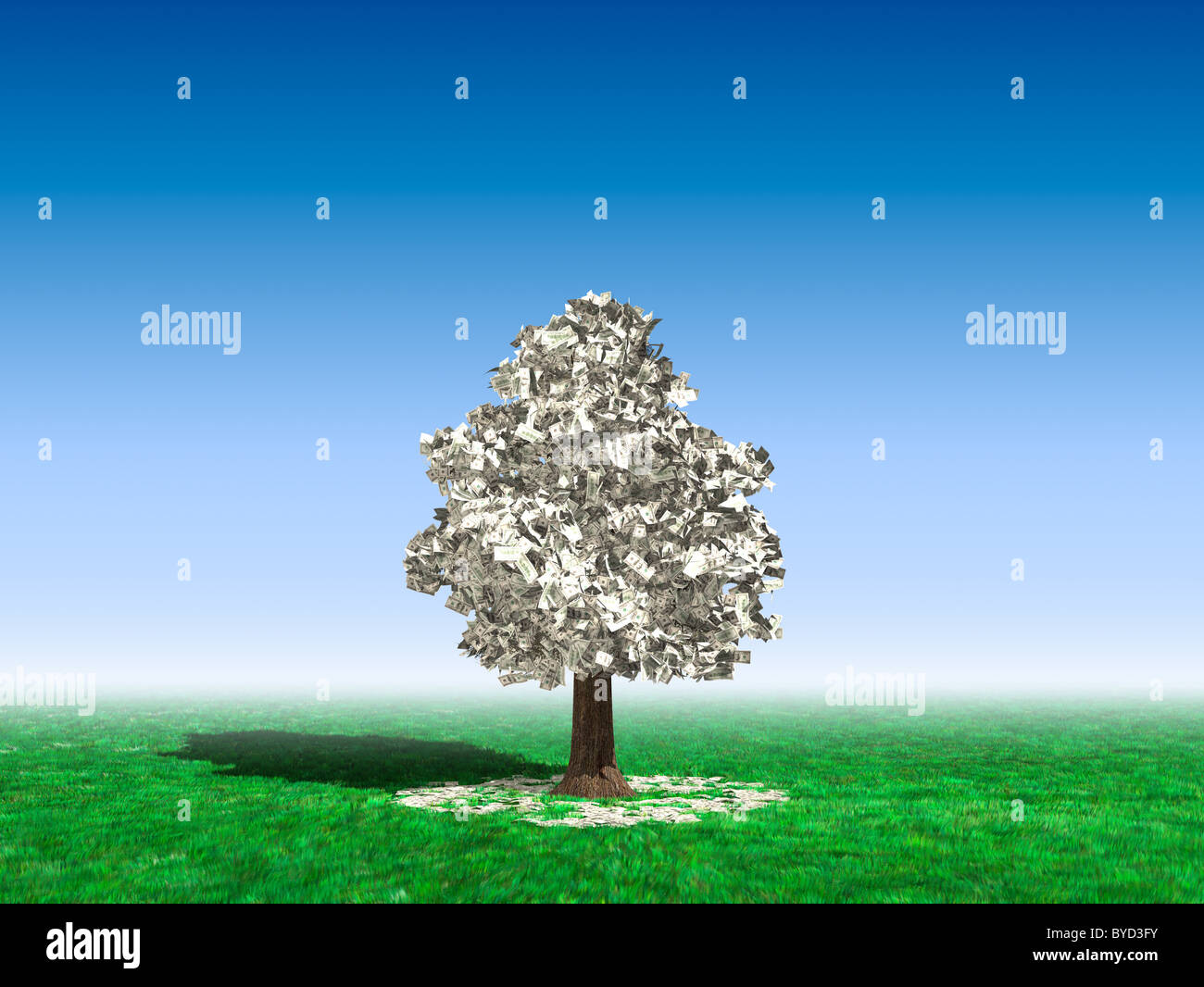 Money tree in the middle of a field with hundred dollar bills growing on it and lying on green grass under it Stock Photo