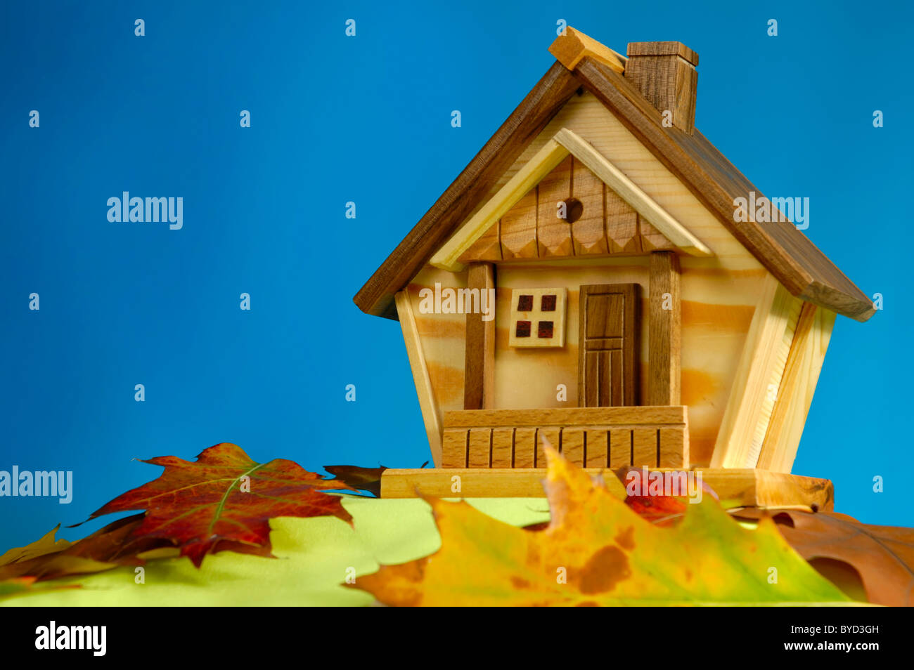 Wooden house on a hill covered with fallen autumn leaves under blue sky ...