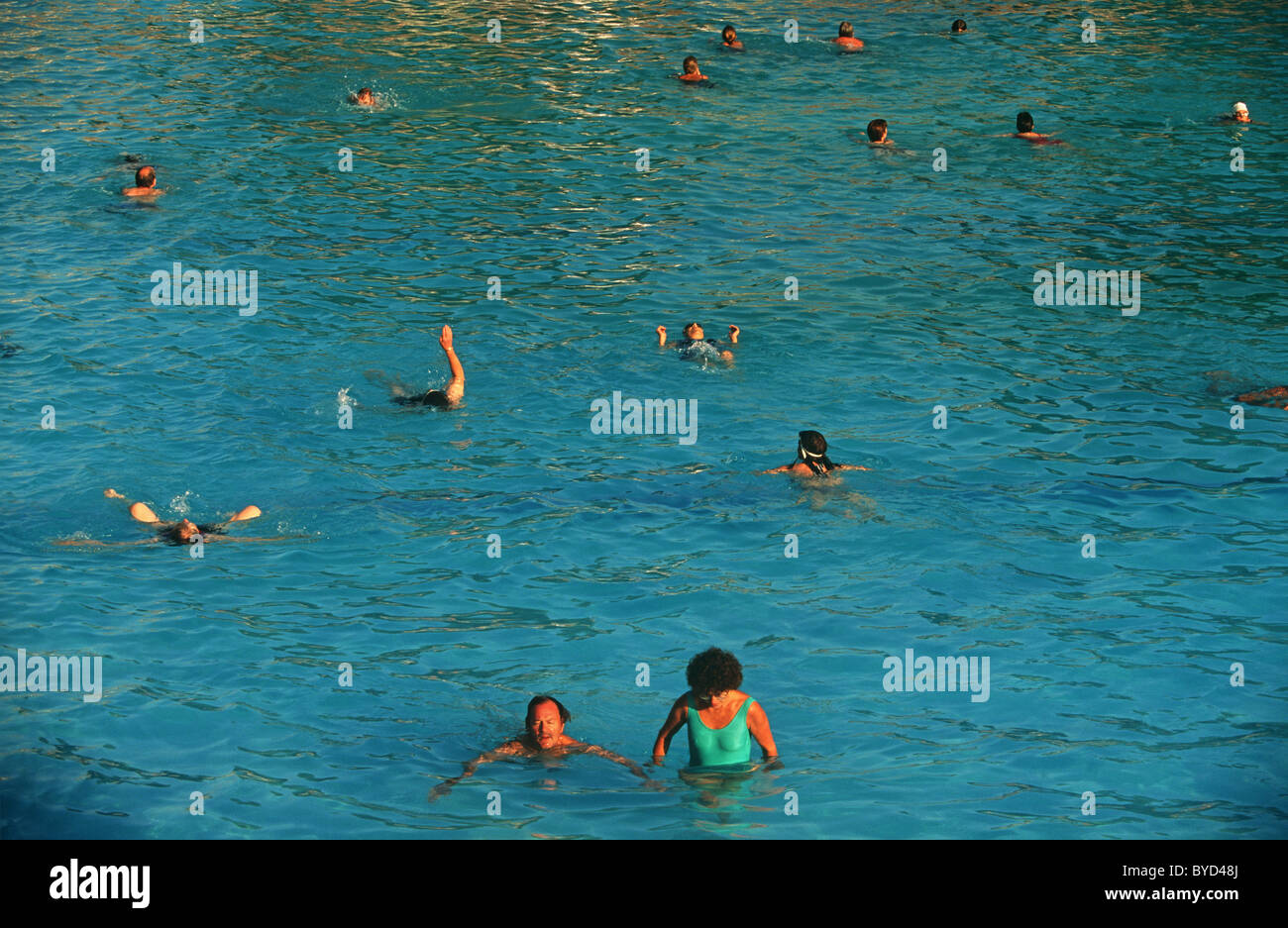 Early morning regular swimmer swims solitary lengths at Brockwell (Brixton) Lido before crowds arrive Stock Photo