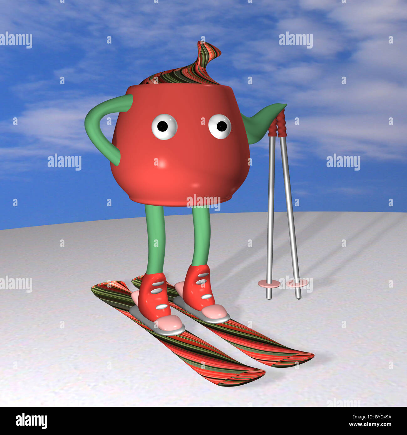 The teapot the mountain skier costs on mountain skiing and poses, on snow, against the sky, 3d. Stock Photo