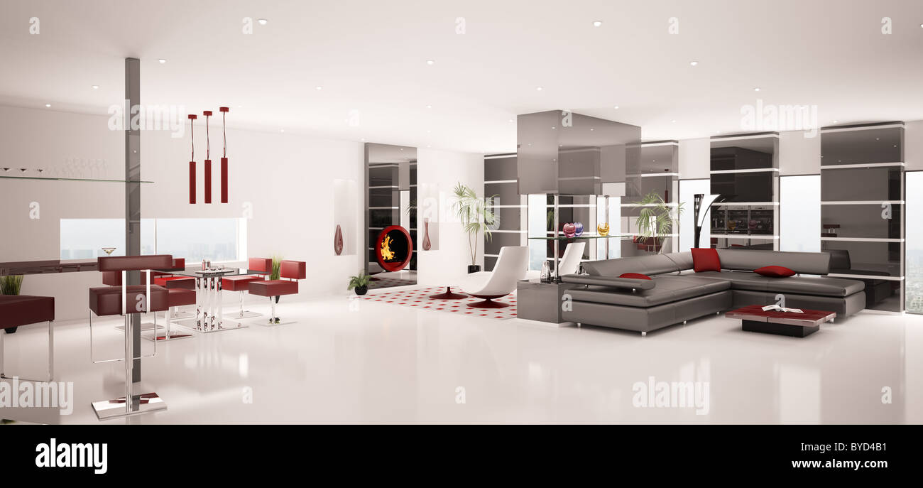 Interior of modern white living dining room panorama 3d render Stock ...