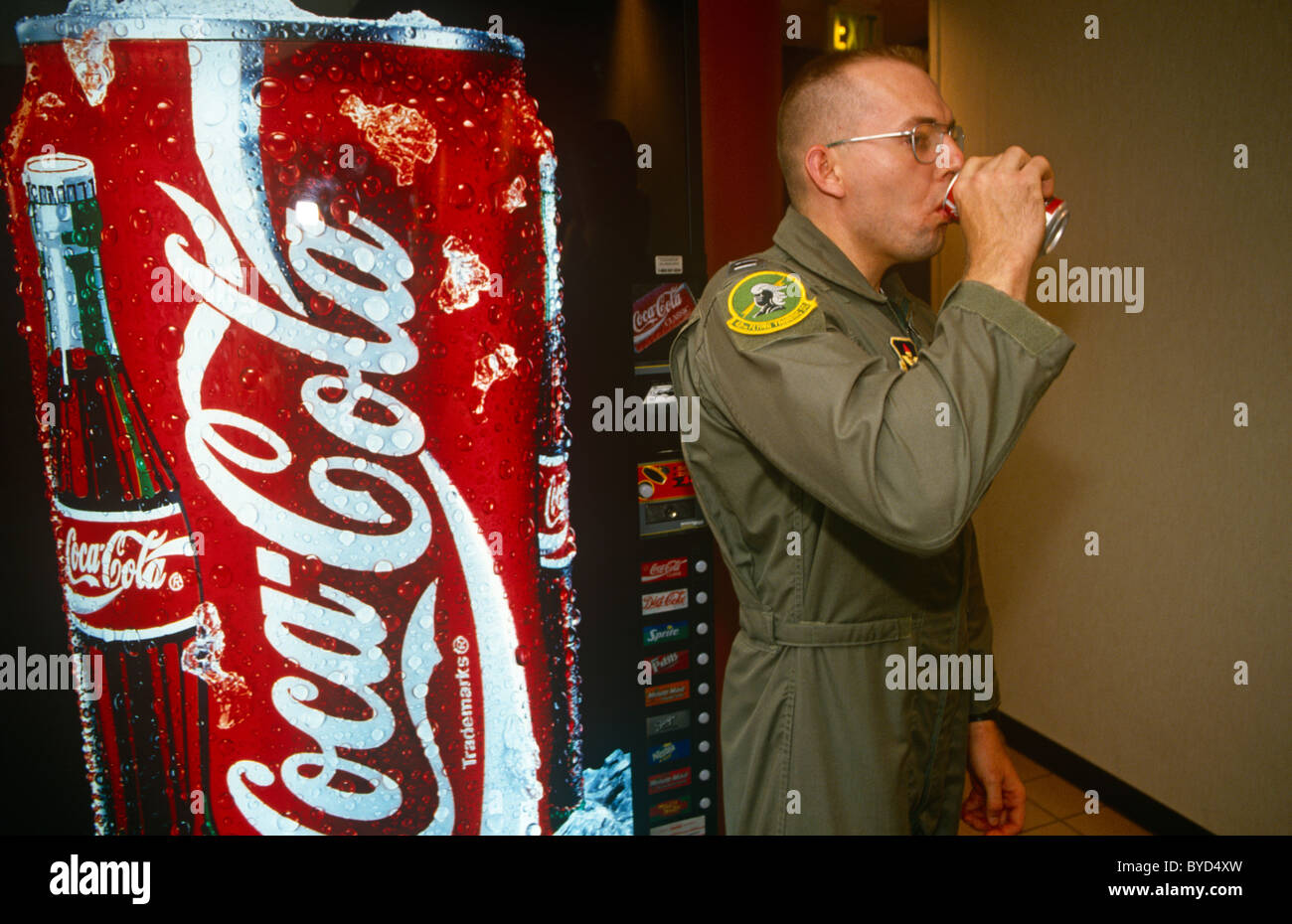 A United States Air Force pilot attending an escape and evasion course at Fairchild AFB, sips from a Coke can. Stock Photo