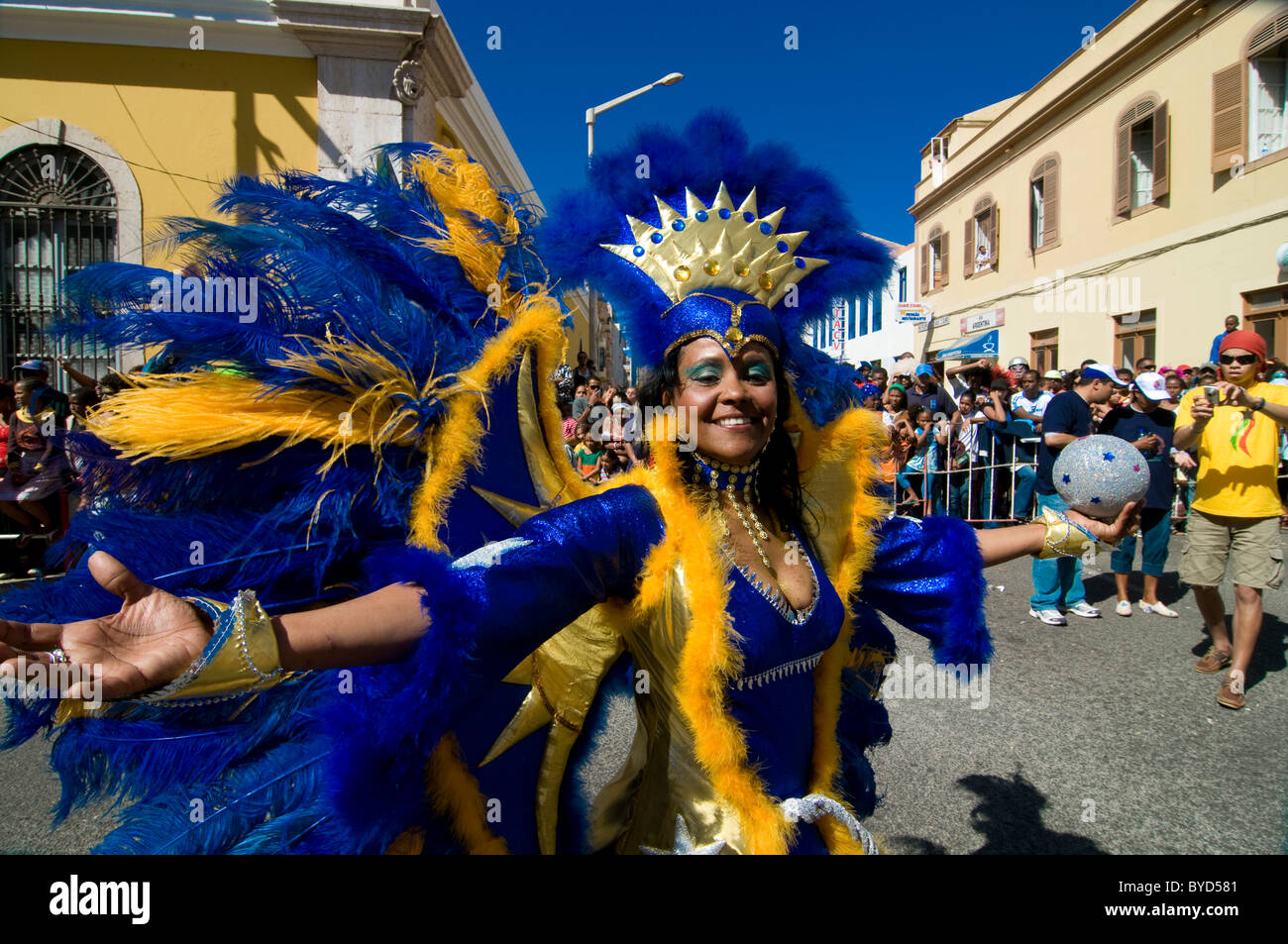 Colourfully costumed woman dancing, Carnival, Mindelo, Cape Verde, Cabo