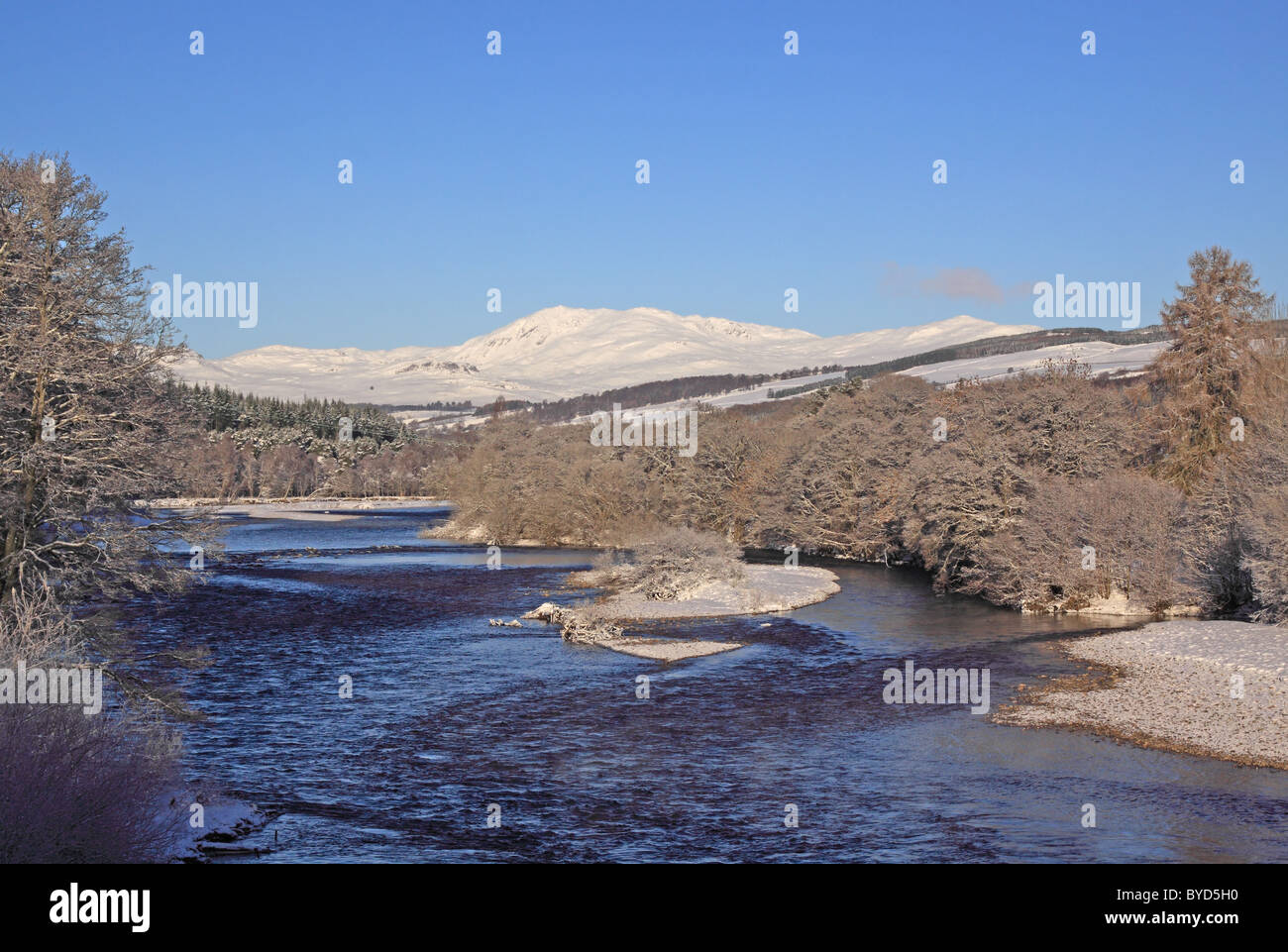 UK Scotland Tayside Perthshire Ben Vrackie near Pilochry in winter and River Tummel Stock Photo
