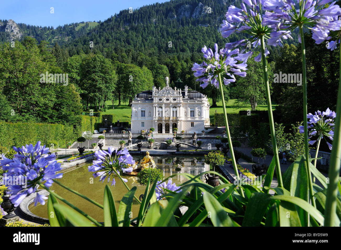 Schloss Linderhof, castle of King Ludwig II, Graswangtal, Ammergau Alps, Oberammergau, Upper Bavaria, Bavaria, Germany, Europe Stock Photo