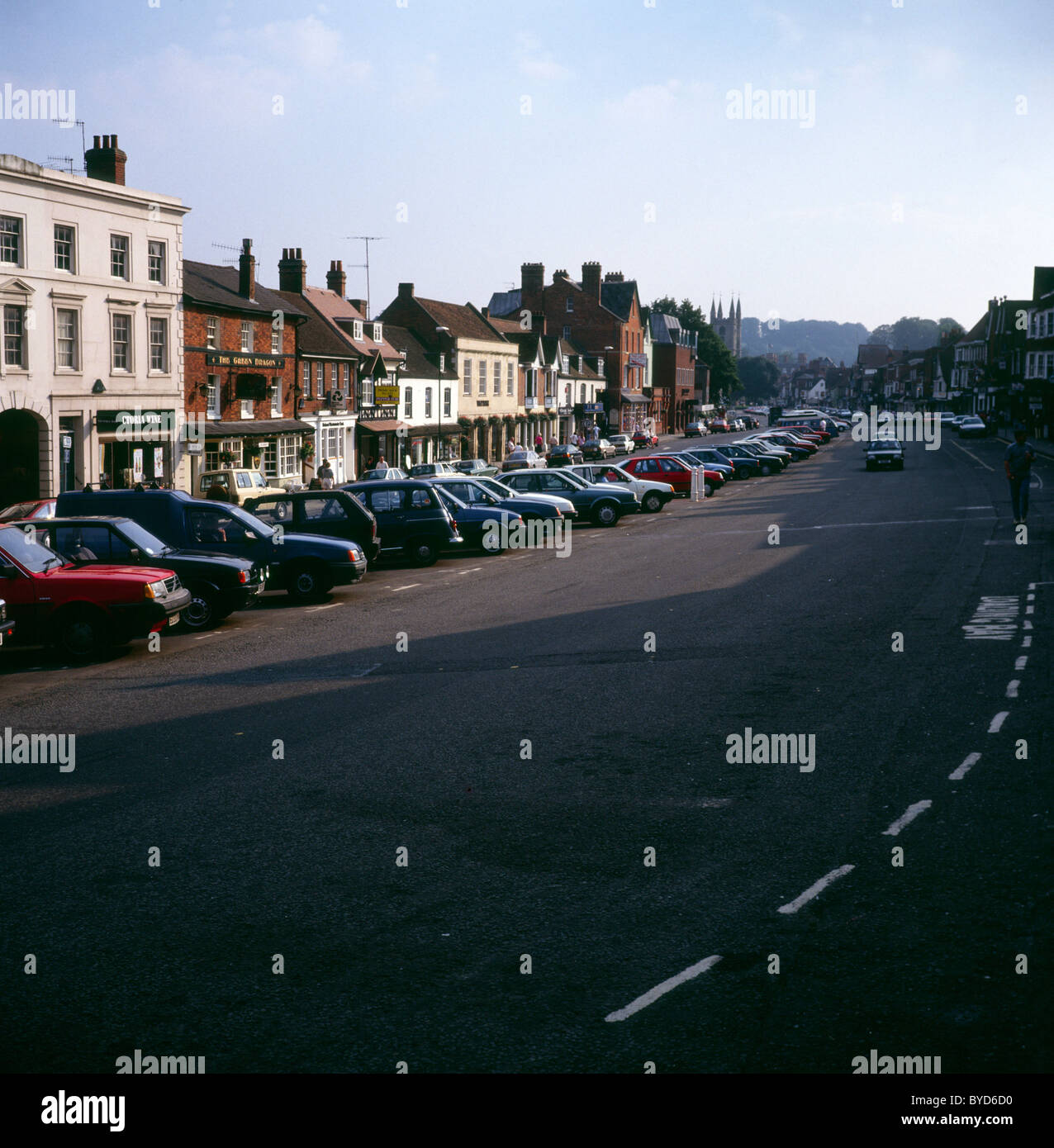 High Street with cars parked Marlborough Wiltshire England early 1990s