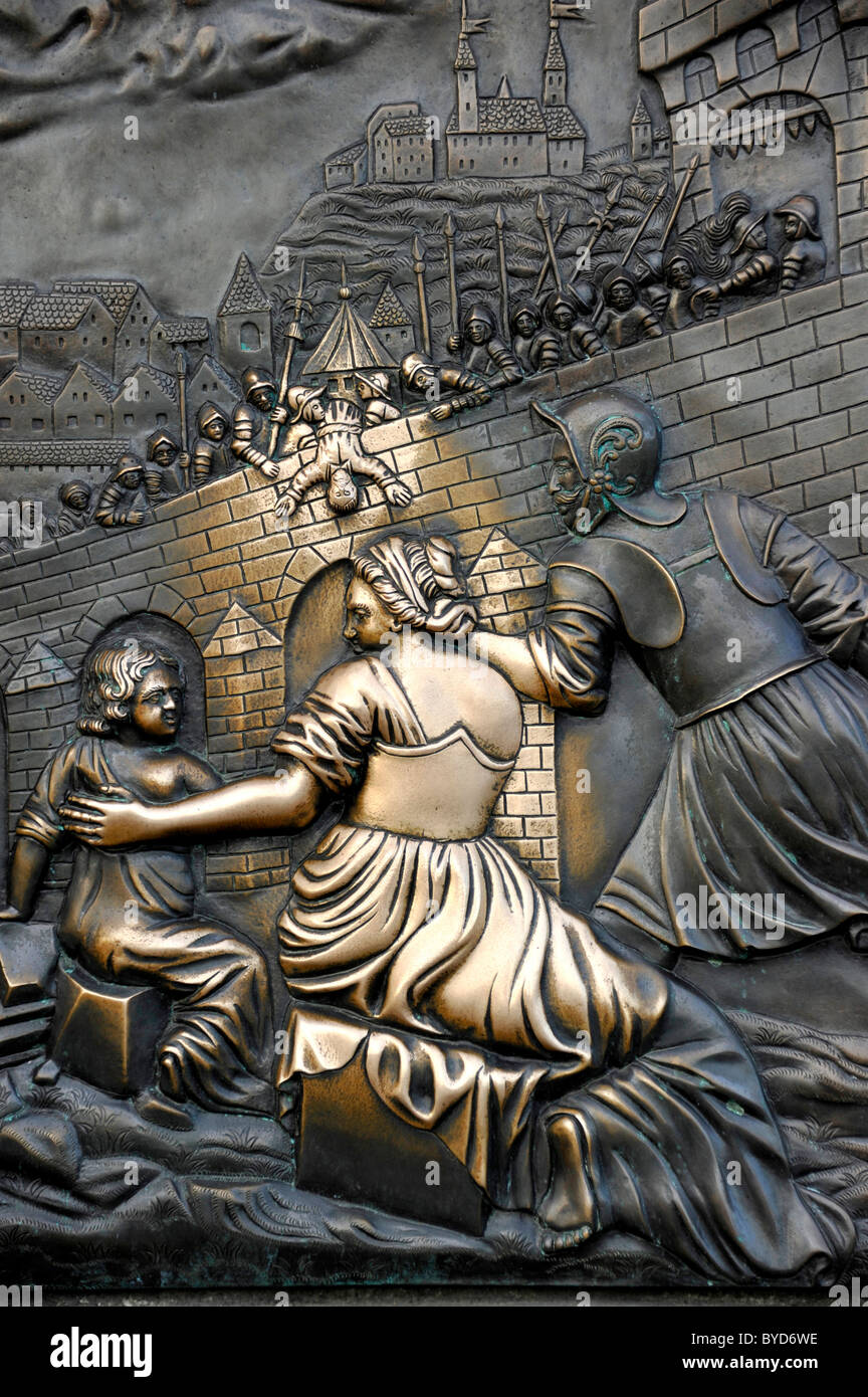 Bronze relief 'fall into the river' on the statue of John of Nepomuk, Charles Bridge, Prague, Bohemia, Czech Republic, Europe Stock Photo