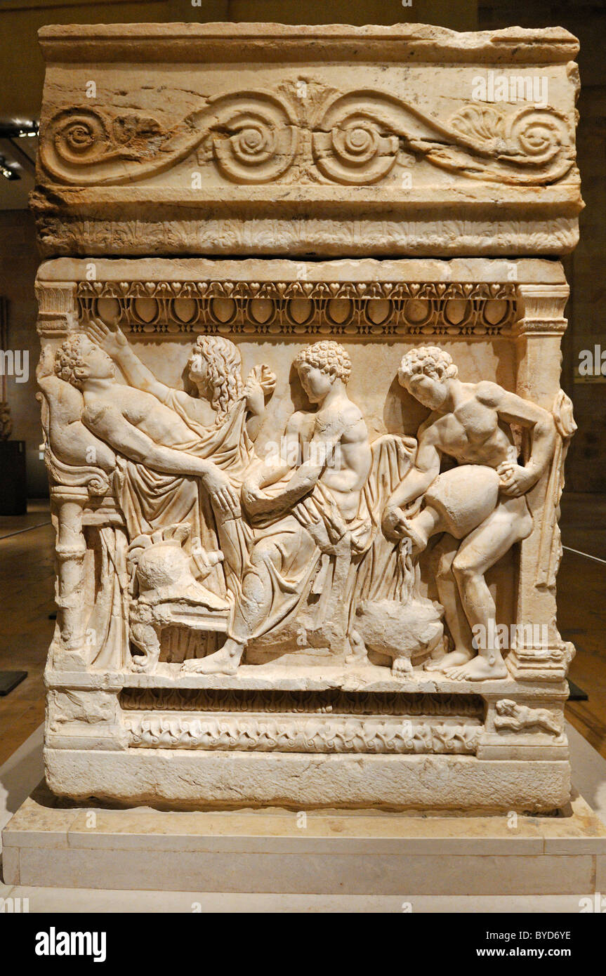 Antique stone sarcophagus from Tyros with Achilleus story, Tyre, Sour, National Museum, Beirut, Beyrouth, Lebanon, Middle East Stock Photo