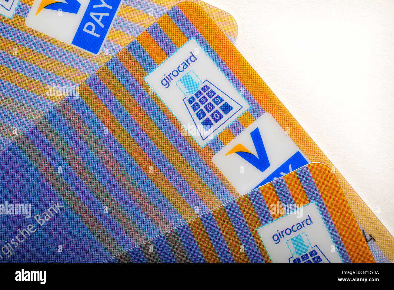 Cash cards, debit cards, current account bank cards with the latest icons, V-PAY, VPAY, girocard Stock Photo