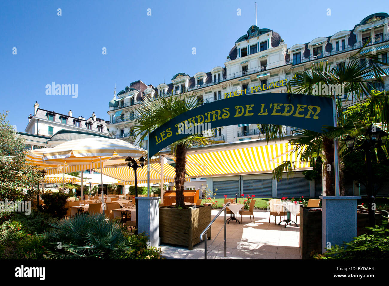 Eden Palace Hotel with the Jardins de l'Eden, Montreux, Canton Vaud, Switzerland, Europe Stock Photo