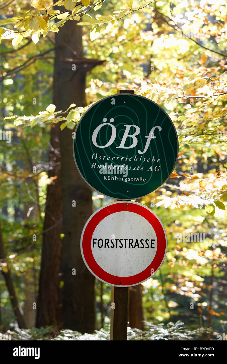 No unauthorised entry sign and a sign of the Oesterreichische Bundesforste AG, Austrian Federal Forest Association, in a forest Stock Photo