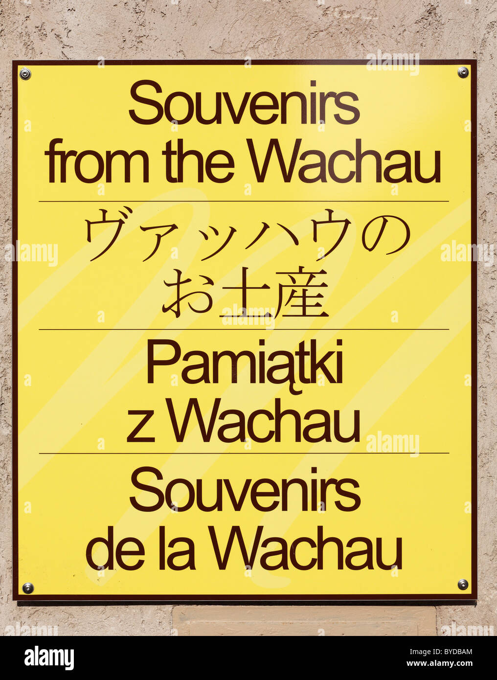 Four-language sign, Souvenirs from the Wachau, Duernstein, Wachau, Waldviertel, Lower Austria, Austria, Europe Stock Photo