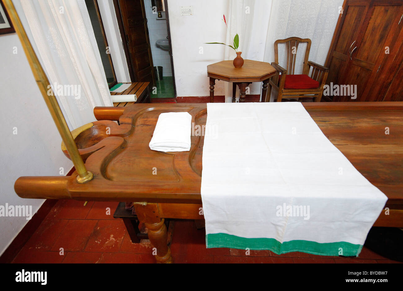 Ayurveda, massage bench, old massage room, luxury hotel, Hotel Fort House, Fort Cochin Kochi, Harbour Hotel, India, Asia Stock Photo