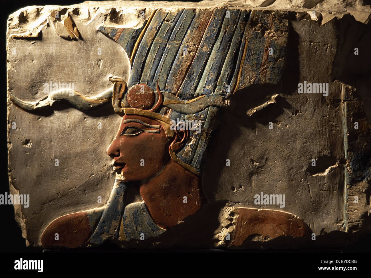 Egyptian Art. Polychrome relief of Pharaoh Thutmose III (h.1490-1436 BC). Sixth pharaoh of the 18th Dynasty. Stock Photo