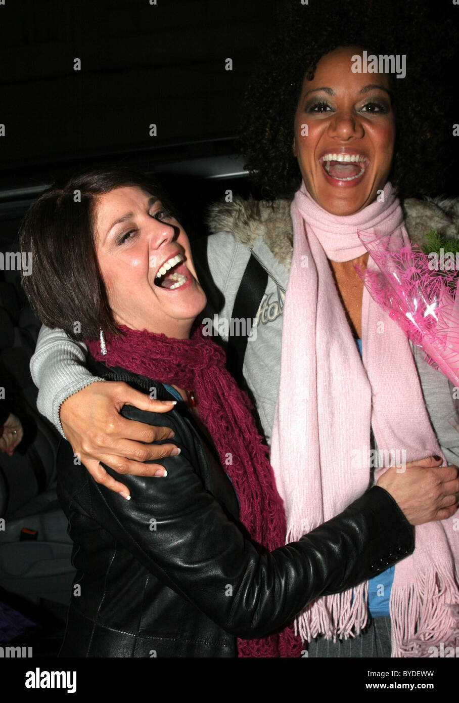 Elaine Lordan and Tupele Dorgu Celebrities outside the Radisson hotel after returning from filming Soapstar Superstar Stock Photo