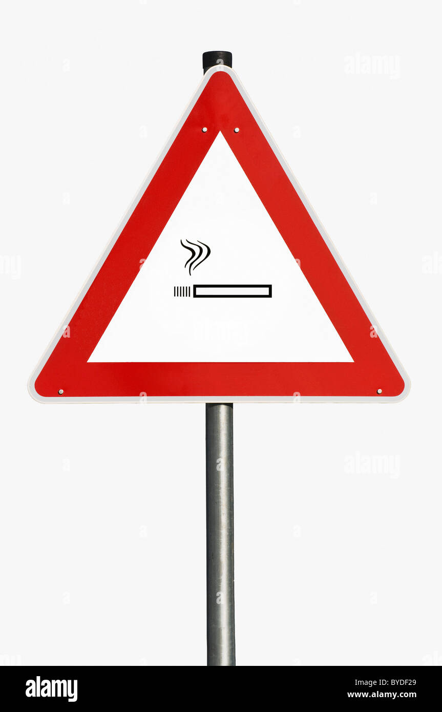 Danger sign, lit cigarette, composing Stock Photo