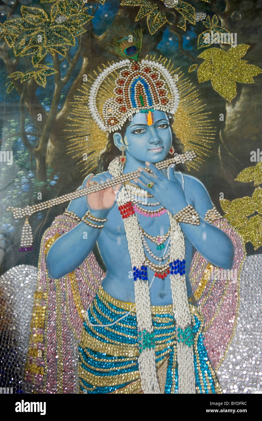 Hinduism, painting of Lord Krishna with flute, Durgiana Mandir Vishnu Temple, Amritsar, Punjab, India, South Asia Stock Photo