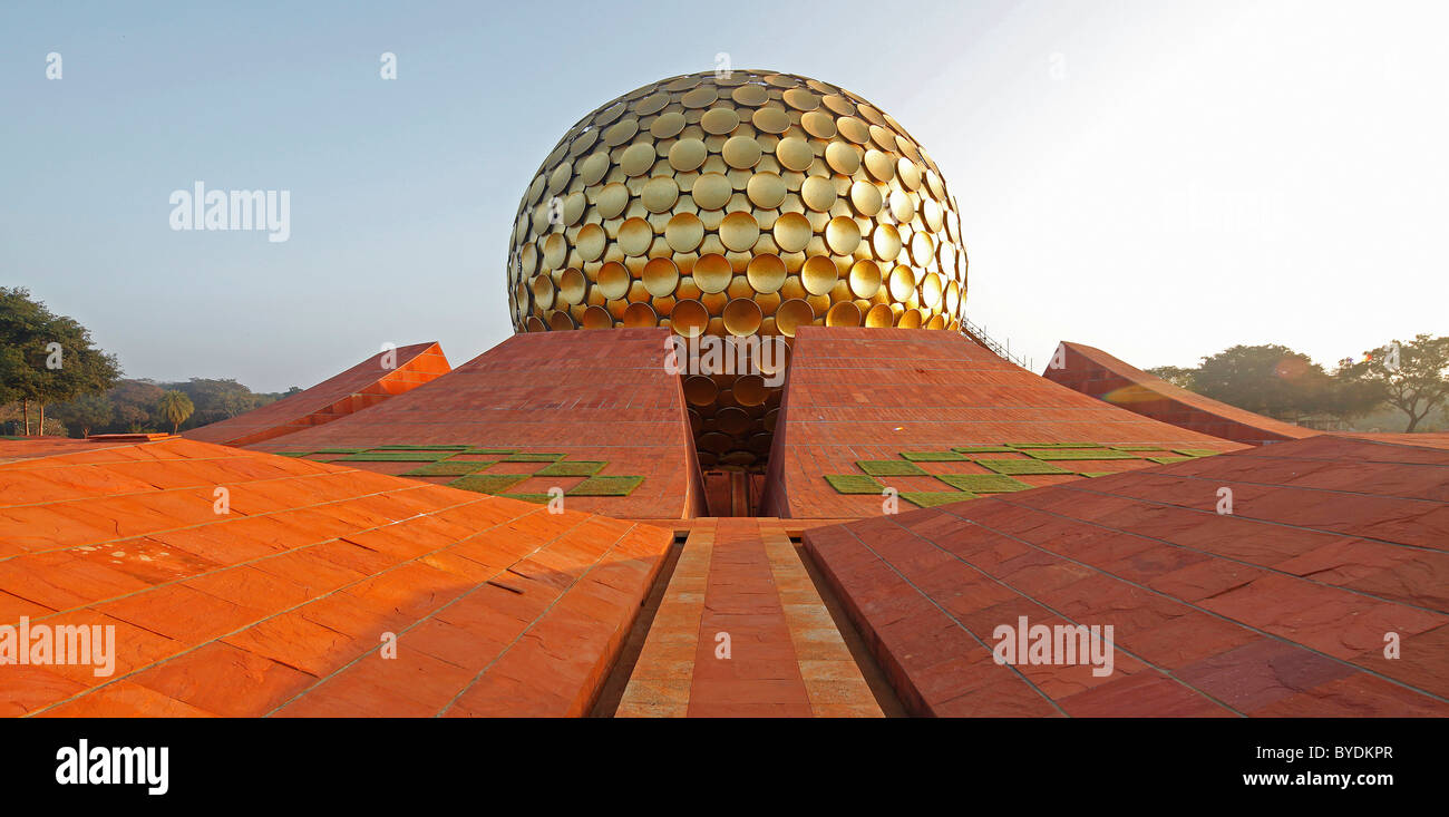 Sunrise at Matrimandir, temple, mystical place, meditation place, largest sanctuary in Auroville, Sri Aurobindo Ashram Stock Photo