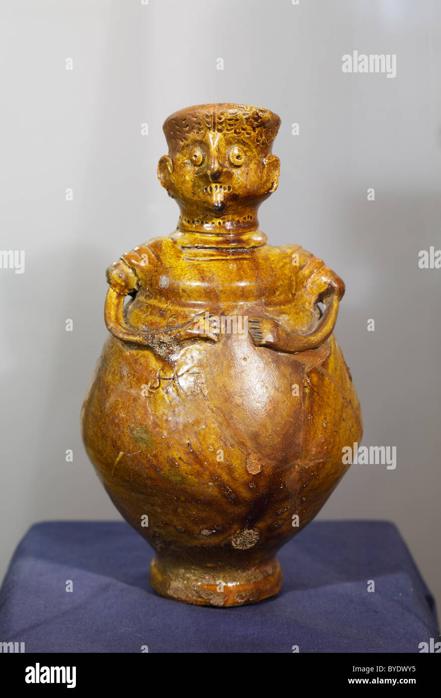 Anthropomorphic glazed jug, 4th - 5th century AD, Roman museum in Mautern on the Danube river, Wachau valley, Mostviertel region Stock Photo
