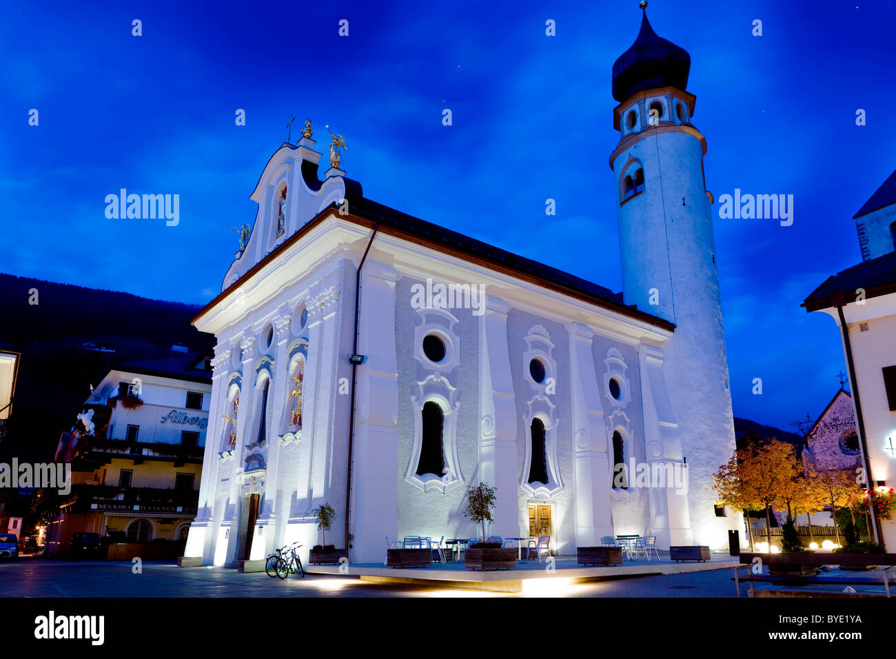 Church at night, San Candido, Trentino-Alto Adige, Italy, Europe Stock Photo