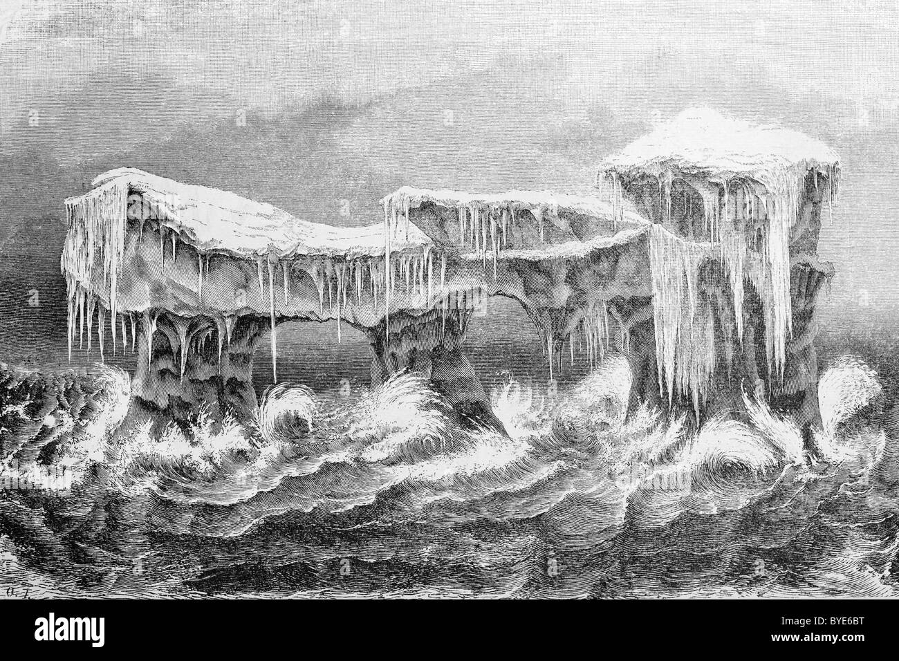 Iceberg in a roaring sea, Arctic, romantic book illustration from the 19th Century, steel engraving Stock Photo