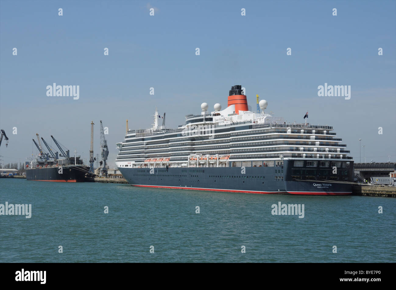 MV Queen Victoria of the Cunard fleet moored at Southampton Docks