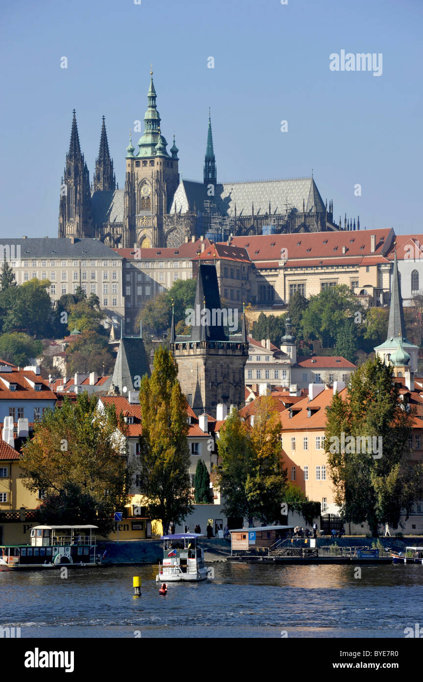 Gothic St. Vitus Cathedral, Prague Castle, Hradcany, Vitava River, Prague, Bohemia, Czech Republic, Europe Stock Photo