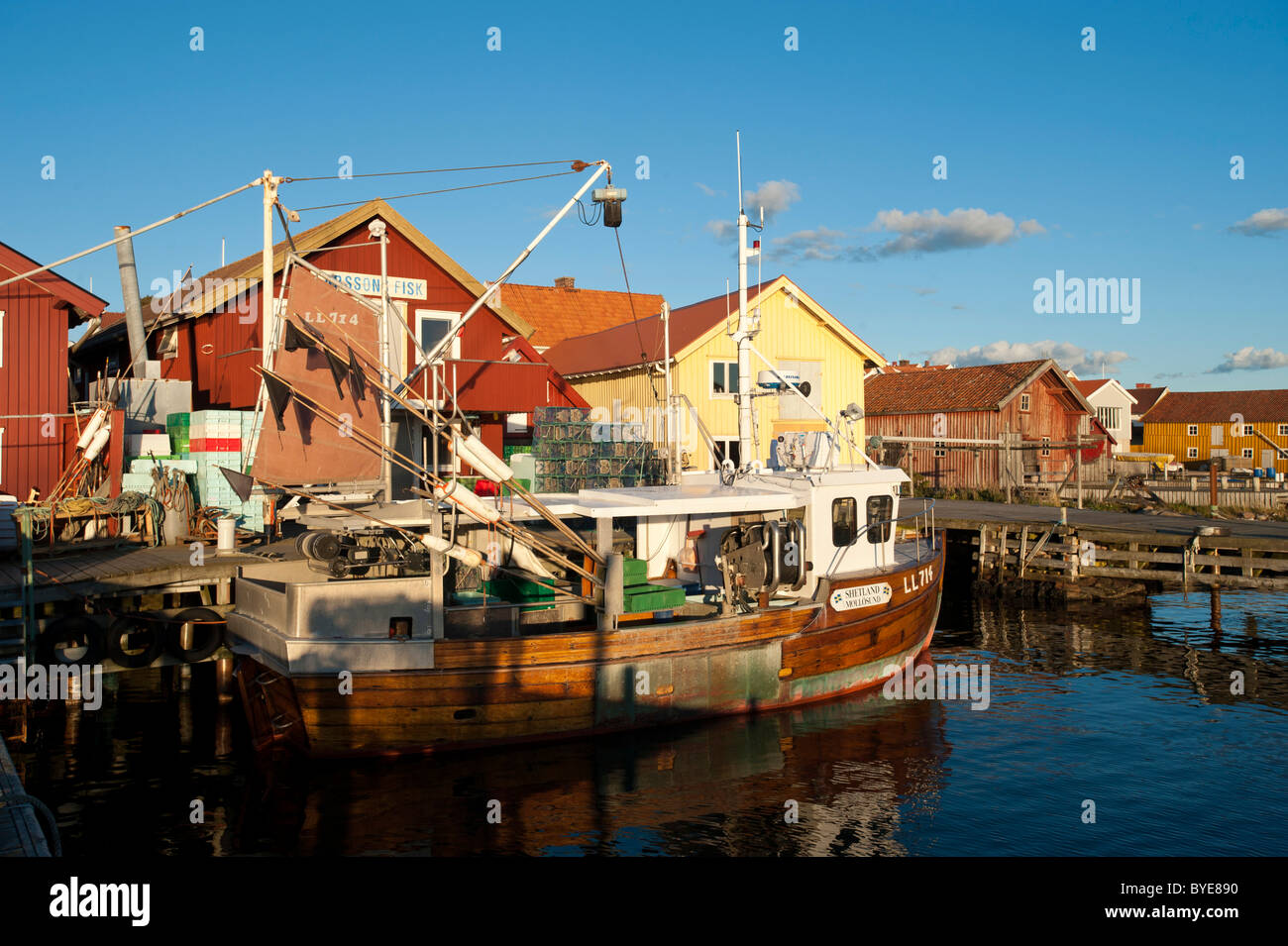Harbor with fishing boats and fishery, Molloesund, Vaestra Goetaland County, Sweden, Europe Stock Photo