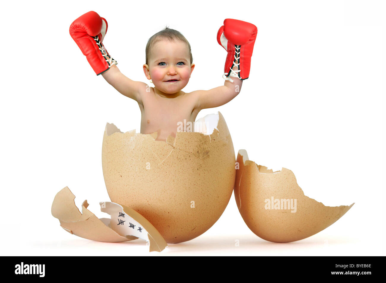 Beautiful baby with boxing gloves breaking the egg Stock Photo Alamy