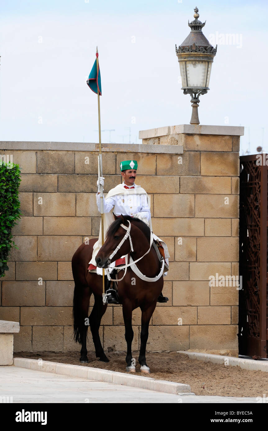 Mounted guard wearing a traditional uniform in front of the entrance to