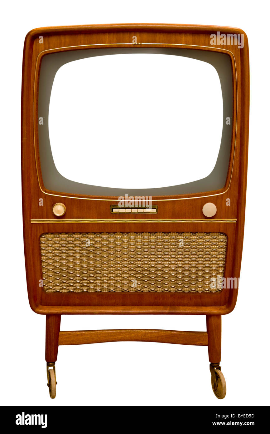 Old wooden television set with white screen Stock Photo