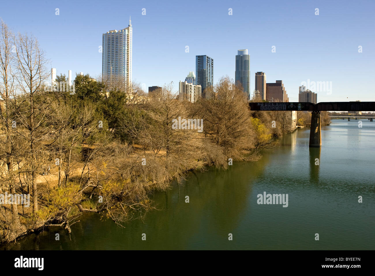Skyline and Lady Bird Lake(Town lake) Austin, TX Stock Photo