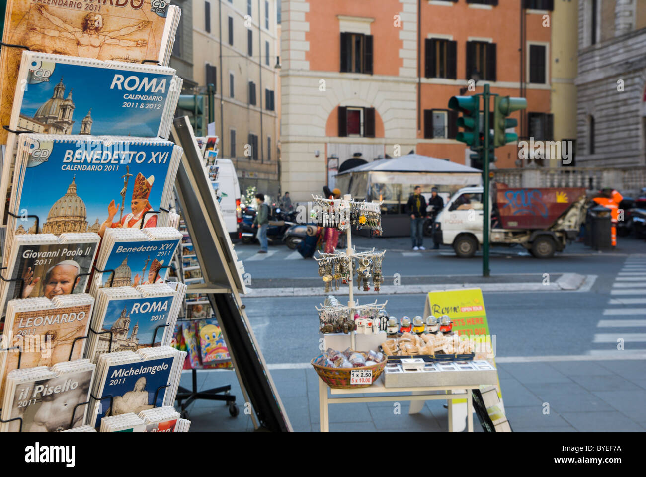 Rome, Italy, calendars for sale at newsstand kiosk Stock Photo