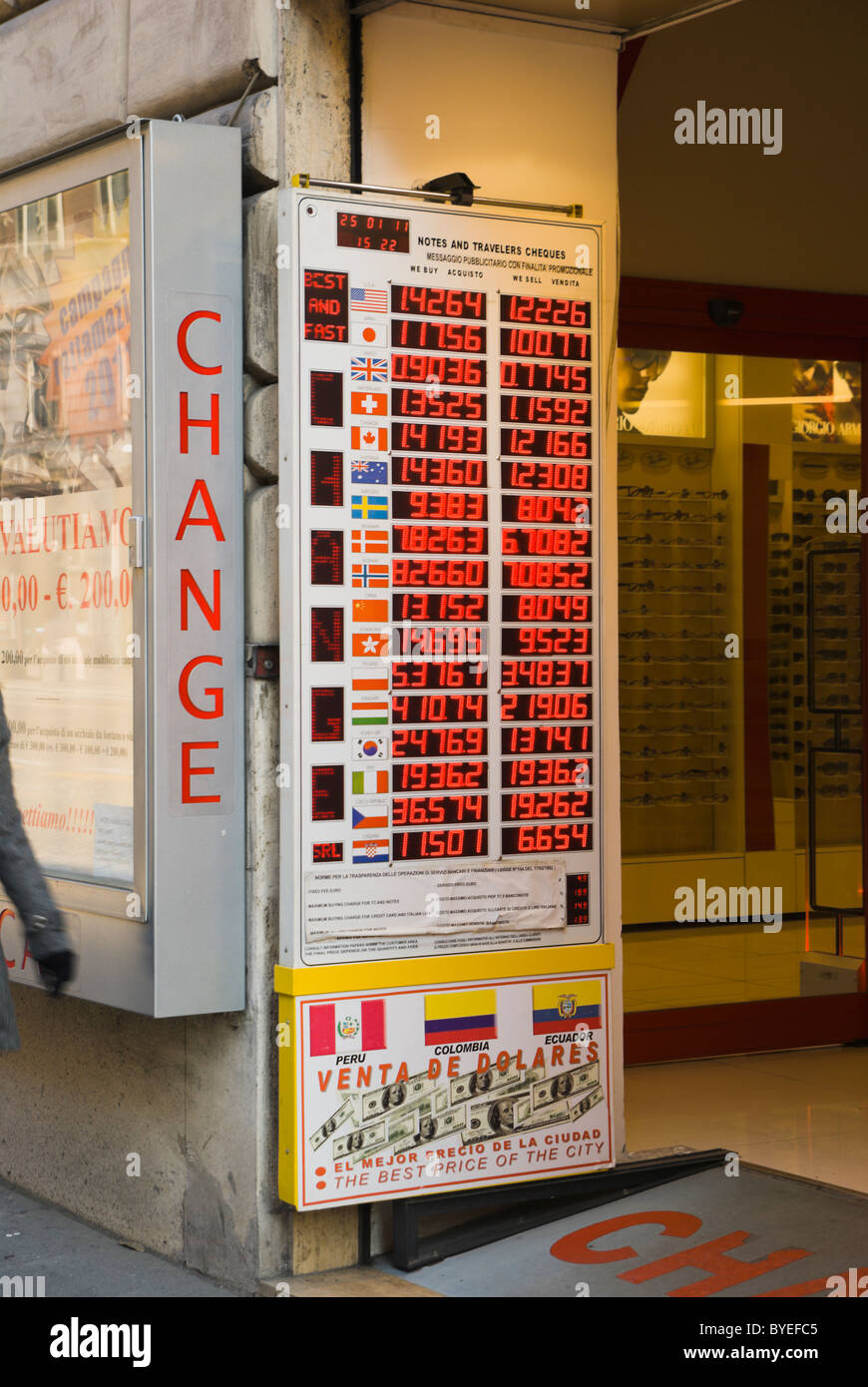 Bureau de change with conversion rates, Rome, Italy Stock Photo