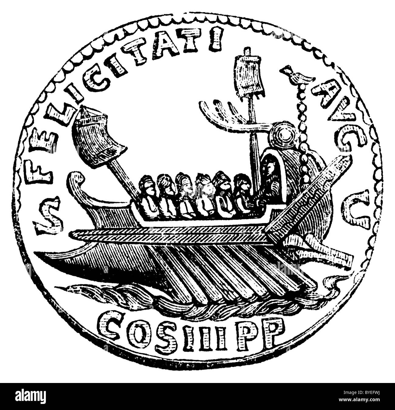 1840s woodcut of Roman coin (sceat, denarius, or penny) with galley, rowers and sail, c. A.D. 135, found in Britain Stock Photo