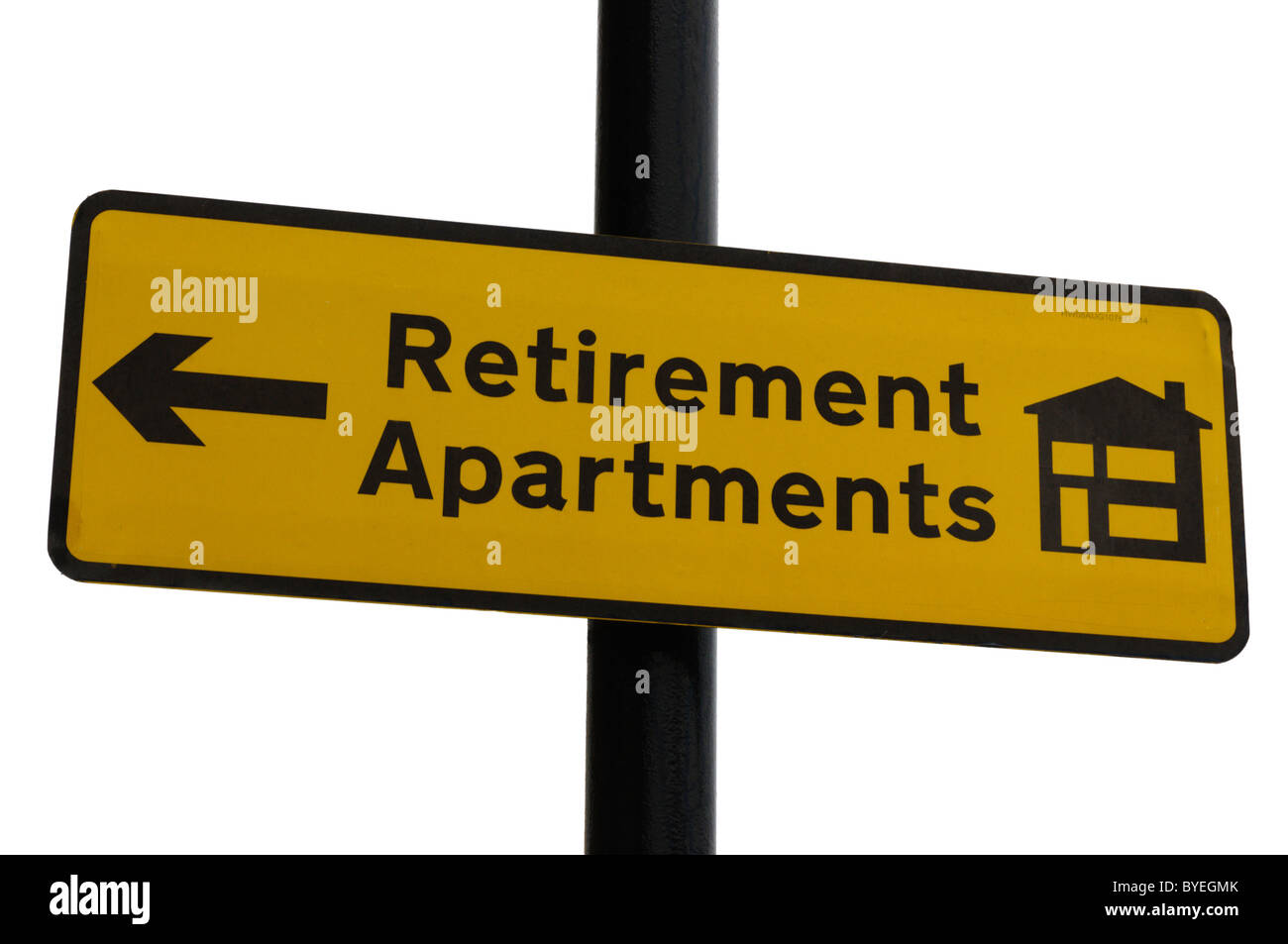A sign pointing to new Retirement Apartments.  See Image Ref BRJPH4 for right-pointing arrow. Stock Photo