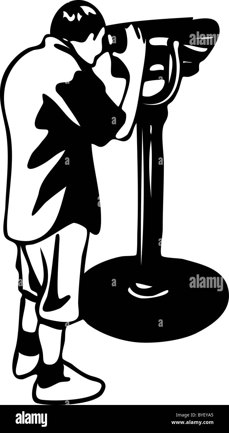 Hand drawn image of a tourist using a telescope. Stock Photo