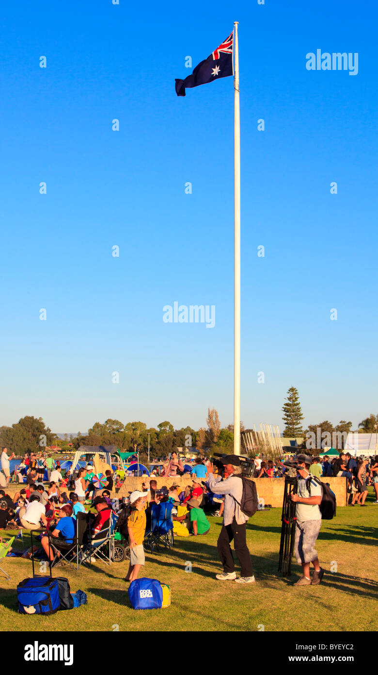 Camera crew film crowds celebrating Australia Day at South Perth