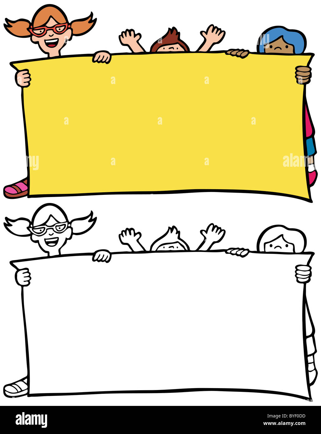 Cartoon image of children holding up a blank sign - both color and ...
