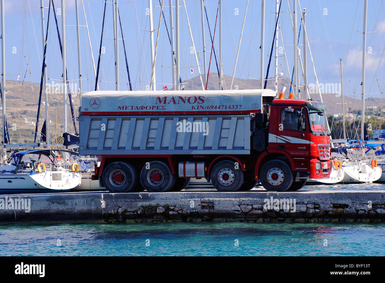 Mercedes Benz Dump Truck Model 4150 In The Port Of Parikia On