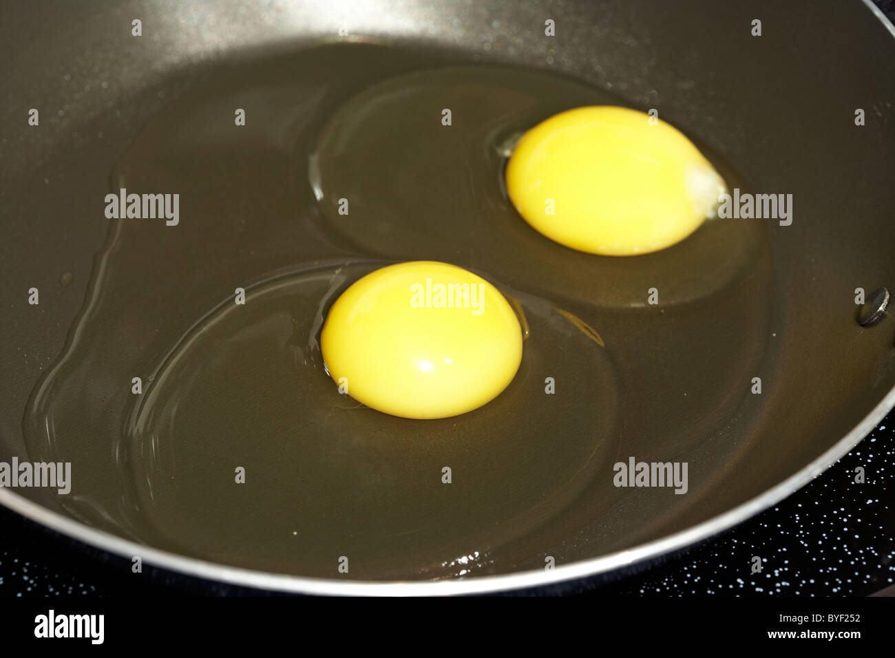 two raw eggs cracked for frying in a fry pan Stock Photo Alamy